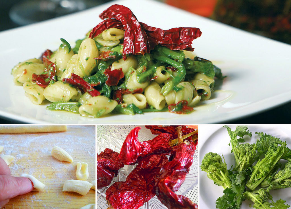 Cavatelli (traditional fresh pasta) with turnip tops and typical dried peppers (peperoni cruschi)